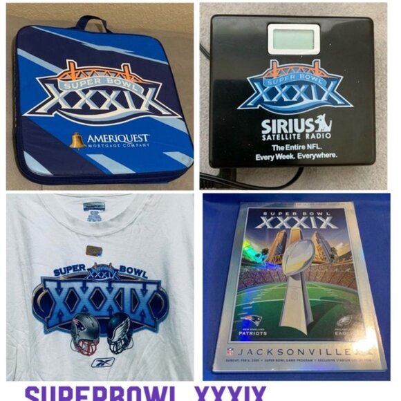 NFL (4) ITEMS SUPERBOWL XXXIX BUNDLE OFFICIAL TEE, PROGRAM,SEAT PAD & RADIO VTG - Picture 1 of 16